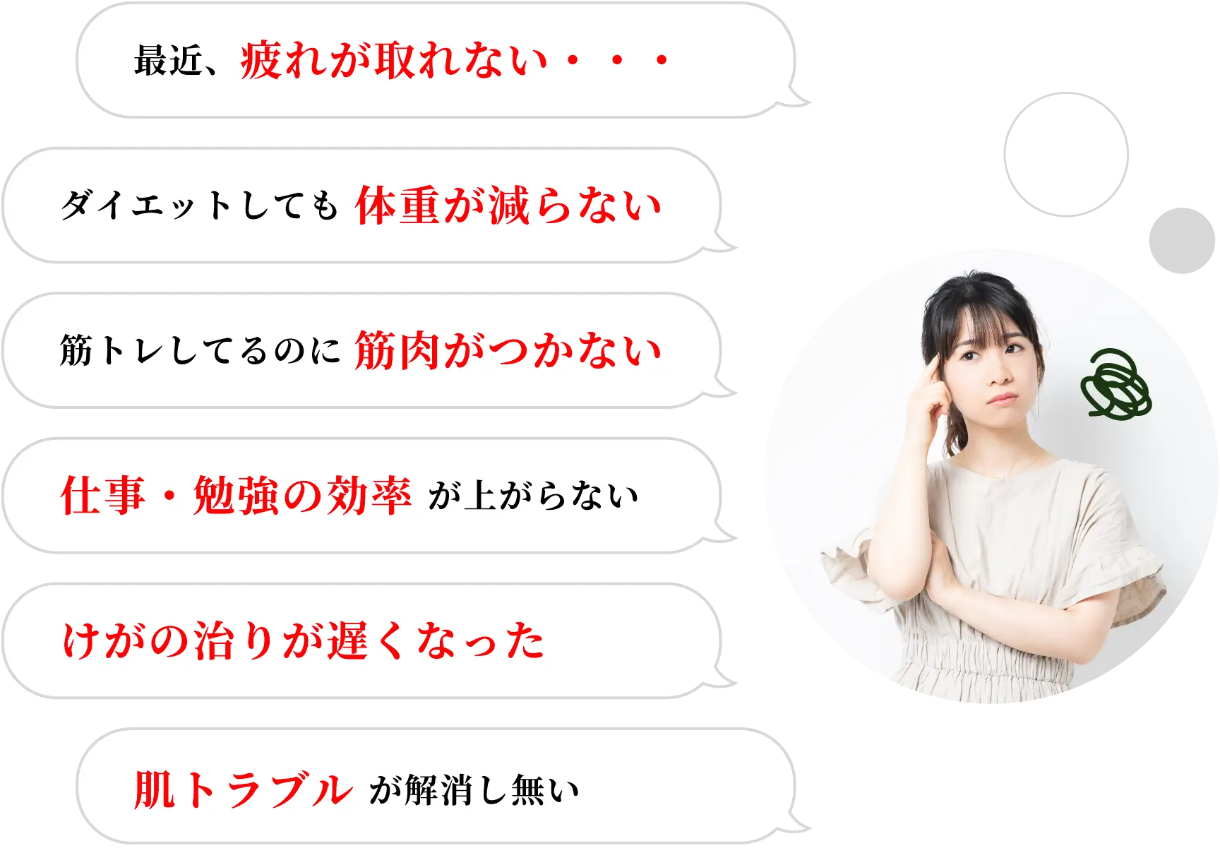 最近、疲れが取れない・・・、ダイエットしても 体重が減らない、筋トレしてるのに 筋肉がつかない、仕事・勉強の効率 が上がらない、けがの治りが遅くなった、肌トラブル が解消し無い